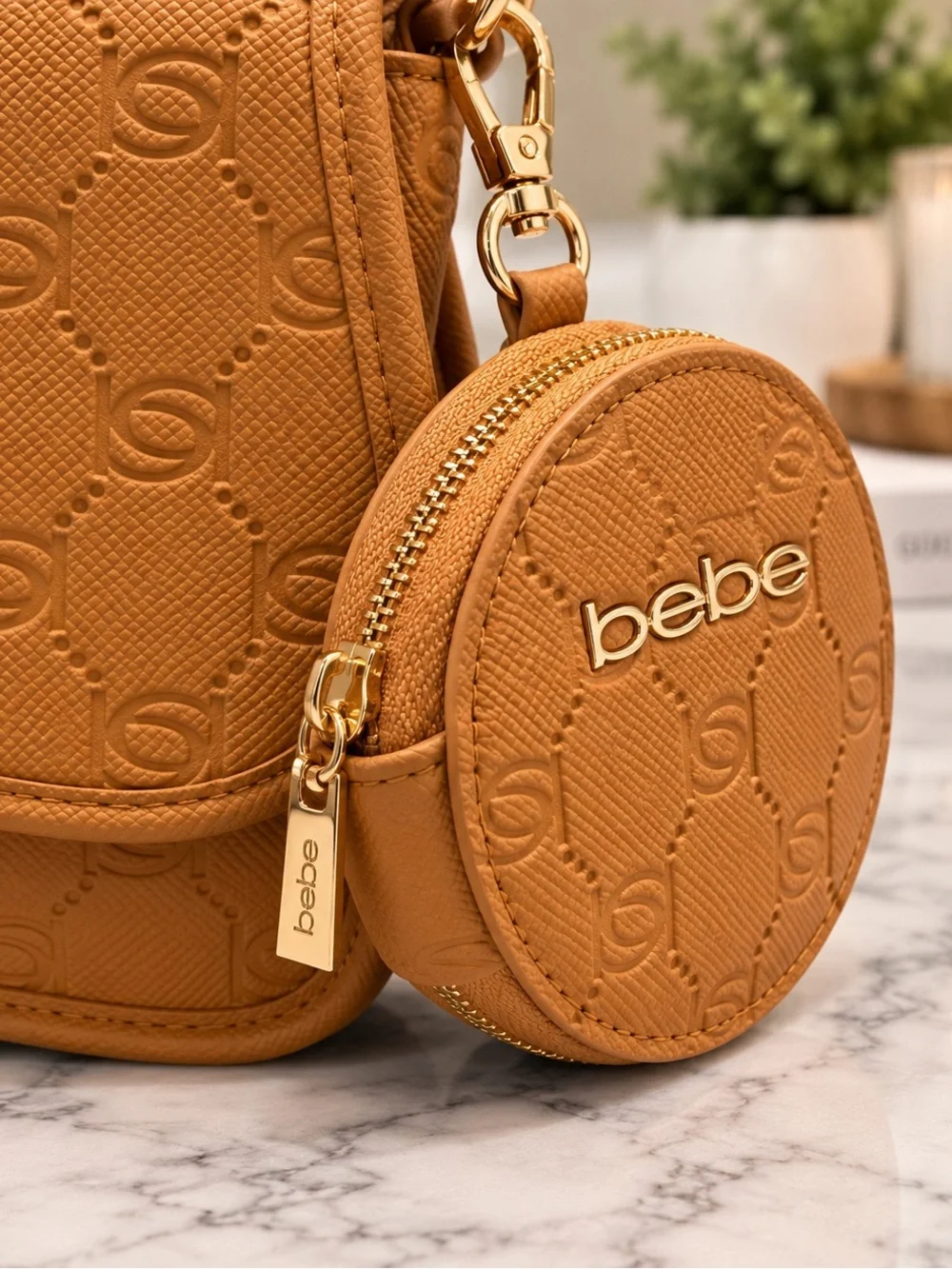 Bebe Monogram Embossed Faux Leather Shoulder Bag Crossbody Purse With Coin Pouch